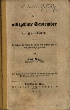 Der achtzehnte September in Frankfurt : im Auftrage des Clubbs der Linken vom Deutschen Hofe und vom Donnersberge, geschildert
