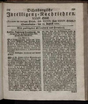 XXXIV. Stück. (Erratum im vorigen Stücke. Lese XXXIII. statt XXXIV. Stücks) Sonnabends: den 23. August 1777.