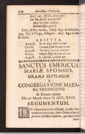 Sanctus Emericus Mariae Sponsus. Drama septimum. Argumentum.