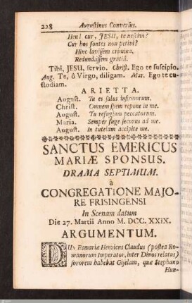 Sanctus Emericus Mariae Sponsus. Drama septimum. Argumentum.