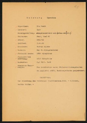 Stadttheater, Duisburg: Schriftstück zum Fragebogen für das Handbuch »Das Deutsche Theater«