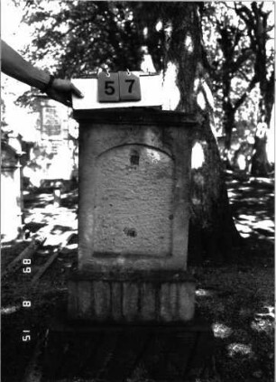 Grabstein 57 (Index: 100105520) Material: Sandstein (?) Zustand: Schriftplatte entfernt Maße HxBxT: 107x49x21 cm Beschreibung: Stele, getreppter Sockel, unterer Sockelteil rusticaartig, Abdeckplatte mit obeliskenartigem Abschluß, Schriftfeld eingetieft mit Segmentbogenabschluß: Grabstein 57