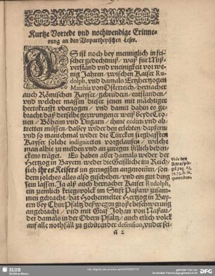 Kurtze Vorrede und nothwendige Erinnerung an den Unpartheyischen Leser