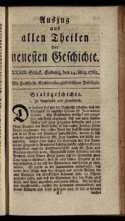 XXXIII. Stück. Coburg, den 14. Aug. 1762.