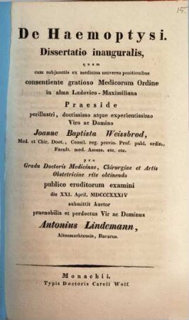 De haemoptysi : Diss. inaug.