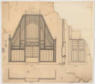 Evangelische Kirche, Maltsch: Orgelgehäuse, 2 Ansicht, 2 Schnitte 1:20