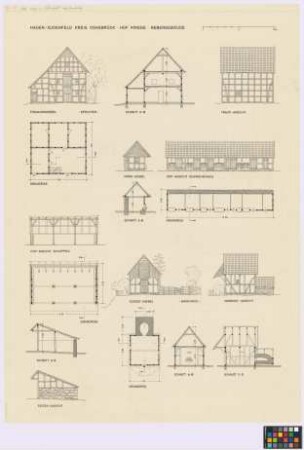 Hagen-Sudenfeld (Kreis Osnabrück): Hof Kriege. - Speicher (Giebel-Ansicht, Querschnitt A-B, Seiten-Ansicht, Grundriss). - Schweinehaus (Hof-Seiten-Ansicht, Nord-Giebel-Ansicht, Querschnitt A-B, Grundriss). - Schuppen (Hof-Seiten-Ansicht, Grundriss, Querschnitt A-B, Giebel-Ansicht). - Backhaus (Süd-Ost-Giebel-Ansicht, Nord-Ost-Seiten-Ansicht, Grundriss, Querschnitt A-B, Längsschnitt C-D)