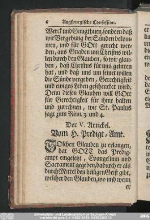 Der V. Artickel. Vom H. Predigt-Amt.