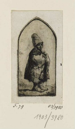 Stehender Junge mit Hut und Mantel