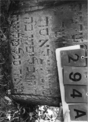 Grabstein 294 (Index: 100115889) Material: Sandstein Zustand: stark verwittert, zum Teil im Boden versunken Maße HxBxT: 92x66x11 cm Beschreibung: Stele mit konkav eingezogenem, überragendem Segmentbogenabschluß, eingetieftes Schriftfeld Symbolik: Levitenkanne, Ranken: Grabstein 294A (Nachholaufnahme)