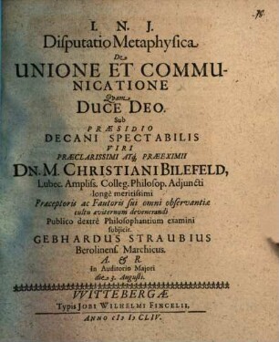 Disp. metaphys. de unione et communicatione