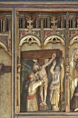 Hauptaltar, sog. Erzväteraltar — Szenen aus der Passion Christi und dem Marienleben — Altarschrein mit zentraler Kreuzigungsszene und Stifterfamilie, in den flankierenden Feldern Darstellungen aus der Passion Christi und dem Marienleben — Die Kreuzabnahme