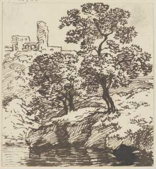 Landschaft mit Ruine und hohen Bäumen