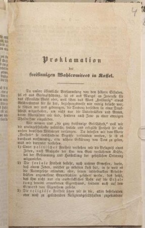 Proklamation des freisinnigen Wahlcomitees in Kassel.