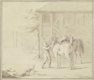 Zwei Pferde werden in einem Hofe von einem jungen Pferdeknecht angeschirrt, eine Frau kommt über die offene Holztreppe der Bauernklause