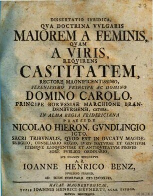 Dissertatio Ivridica, Qva Doctrina Vvlgaris Maiorem A Feminis, Qvam A Viris, Reqvirens Castitatem