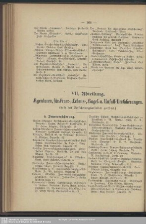 VII. Abteilung. Agenturen, für Feuer-, Lebens-, Hagel- u. Unfall-Versicherungen