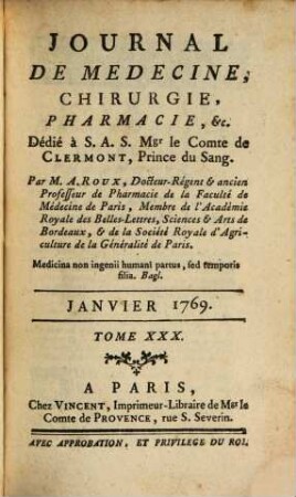 Journal de médecine, chirurgie, pharmacie. 30. 1769