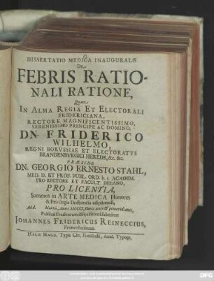 Dissertatio Medica Inauguralis De Febris Rationali Ratione