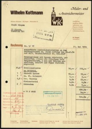 Firmenbriefkopf Wilhelm Kottmann, Maler- und Anstreichmeister