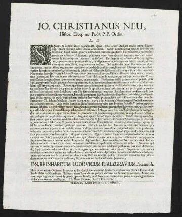 Jo. Christianus Neu, Histor. Eloq. ac Poës. P. P. Ordin. L. S.