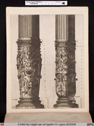 Zwei Säulenbasen der korinthischen und kompositen Ordnung mit grotesken Ornamenten.