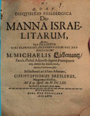 Disqvisitio Philologica De Manna Israelitarum