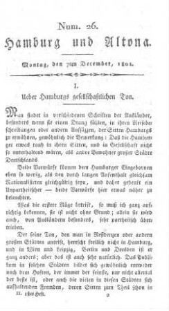 I. Ueber Hamburgs gesellschaftlichen Ton.