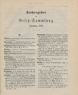 Sachregister zur Gesetz-Sammlung. Jahrgang 1885