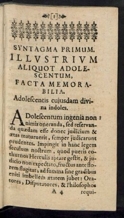 Syntagma Primum. Illustrium Aliquot Adolescentum, Facta Memorabilia.