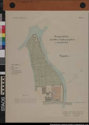 Amtsgericht und Gefängnis zu Quakenbrück Bl. 1 = Lageplan Bl. 2 - 6 = Grundrisse, Längs- und Querschnitte, Aufrisse, Ansichten Ausf.-Art: Farbige Zeichnungen Herst.: Reissner, Süßapfel Format: 48 x 64 cm Maßstab: 1 : 100/500