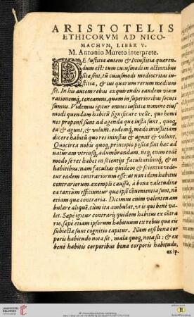 Aristotelis ethicorvm ad Nicomachvm Liber V.