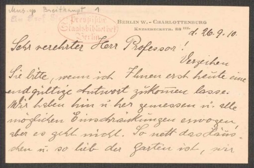 Briefkarte an Richard Sternfeld : 26.09.1910