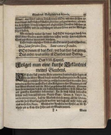 Das VIII. Capitel. Folget nun eine kurtze Bekäntnis menes Glaubens