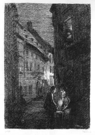 Orlik, Emil. Nocturno Ghetto, Prag, Karpfengasse. Steindruck; 148 x 110 mm. 1897. Dresden: Kupferstich-Kabinett A 1898-562