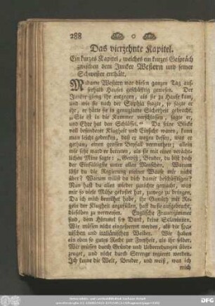 Das vierzehnte Kapitel. Ein kurzes Kapitel, welches ein kurzes Gespräch zwischen dem Junker Western und seiner Schwester enthält.