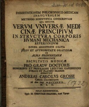 Dissertationem Philosophico-Medicam Inavgvralem Methodo Scientifica Conscriptam Qva Sistitvr Vervm Vniversae Medicinae Principivm In Strvctvra Corporis Hvmani Mechanica Reperivndvm
