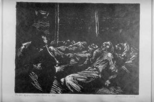Nacht im Zelt : Nacht im Zelt. Aus der Serie: ILURA. Holzschnitt?. 1956