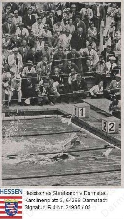 Berlin, 1936 / XI. Olympische Sommerspiele / 400-m-Freistilschwimmen, Sieger: Jack Medica (1914-1985), USA / Sammelwerk 'Olympia 1936 - Band II' Nr. 14, Bild Nr. 4, Gruppe 61