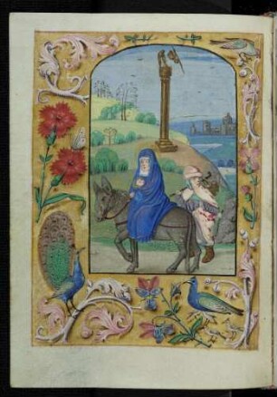 Miniatur-Seite: (Komplet) Flucht nach Ägypten; Trompe l'oeil-Rahmen mit Pfauen, Blütenzweigen und Insekten