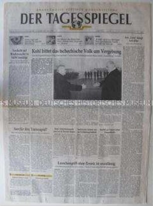 "Der Tagesspiegel", Berliner Tageszeitung, auf der Titelseite Bericht über den Besuch von Bundeskanzler Kohl in der Tschechischen Republik