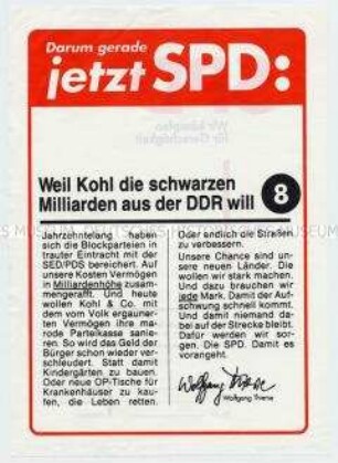 Propagandablatt der SPD zur Brandenburger Landtagswahl 1990 mit Polemik gegen die Finanzpolitik der CDU