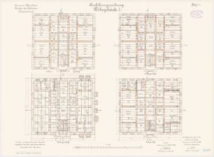 Garnison des Infanterie-Kasernements, Mannheim Wohngebäude I: Grundriss Keller, Erdgeschoss, 1. und 2. Obergeschoss 1:100