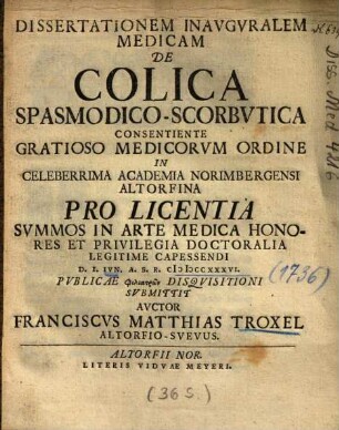 Dissertationem Inavgvralem Medicam De Colica Spasmodico-Scorbvtica