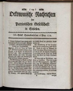 XX. Stück. Sonnabends den 16 May. 1778.