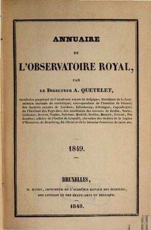 Annuaire de l'Observatoire Royal de Bruxelles. 16, 16. 1849. - 1848
