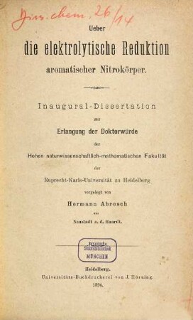 Ueber die elektrolytische Reduktion aromatischer Nitrokörper