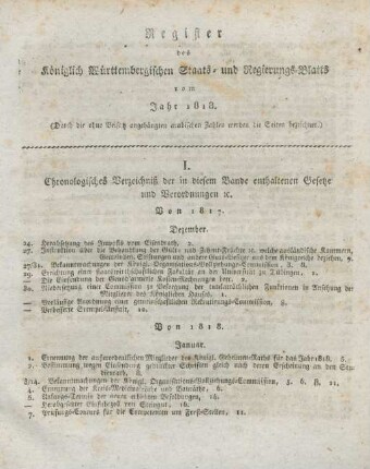 I. Chronologisches Verzeichniß der in diesem Bande enthaltenen Gesetze und Verordnungen etc.
