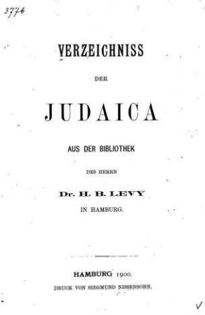 Verzeichniss der Judaica des ... H. Levy in Hamburg