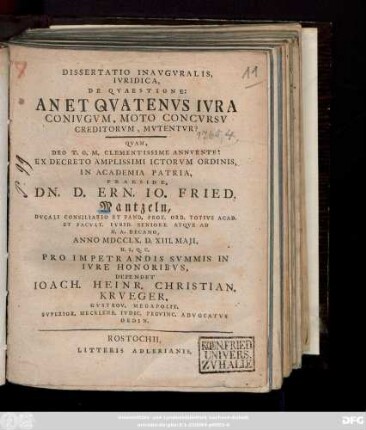 Dissertatio Inavgvralis Ivridica, De Qvaestione: An Et Qvatenvs Ivra Conivgvm, Moto Concvrsv Creditorvm, Mvtentvr?